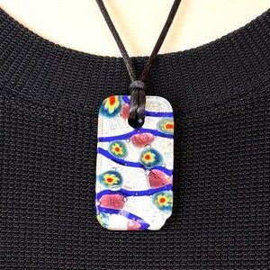 Millefiori Venetian Murano-style Art Glass Pendant Necklace Black Silk‎ Cord